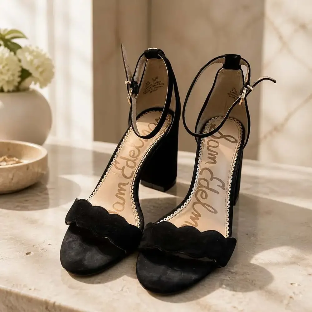 Sam Edelman Odila Black Suede Scallop Block Heel Sandals Women 8.5 Ankle Strap